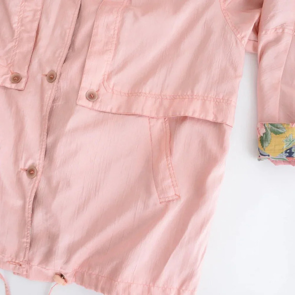 Vintage Sequence Peach Nylon w Floral  Collar & Cuff Zip Up Utility Jacket 18 - Picture 5 of 12